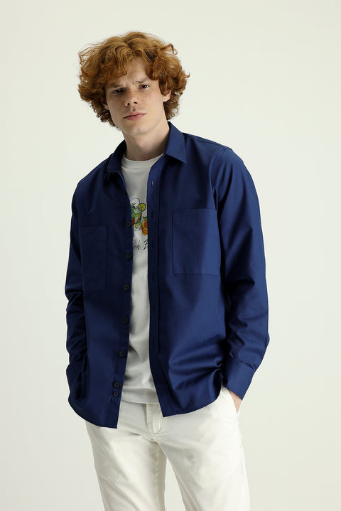 Dark Navy Long-Sleeve Oversize Cotton Shirt with Pockets