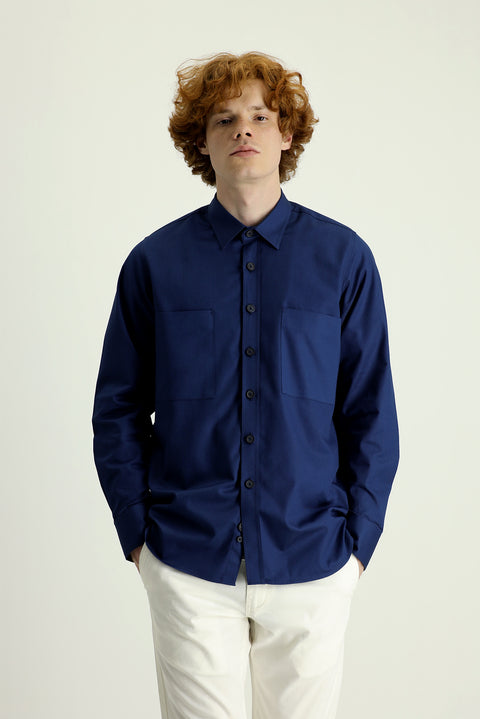 Dark Navy Long-Sleeve Oversize Cotton Shirt with Pockets