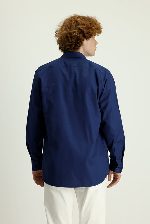 Dark Navy Long-Sleeve Oversize Cotton Shirt with Pockets