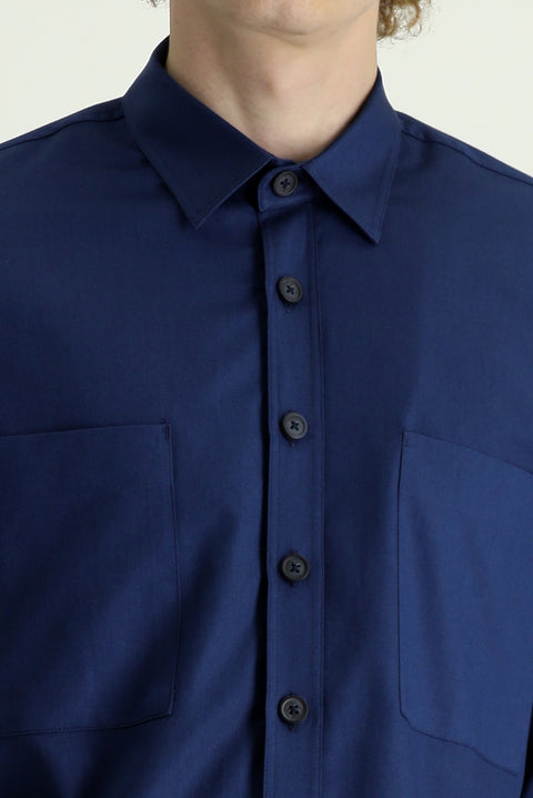 Dark Navy Long-Sleeve Oversize Cotton Shirt with Pockets
