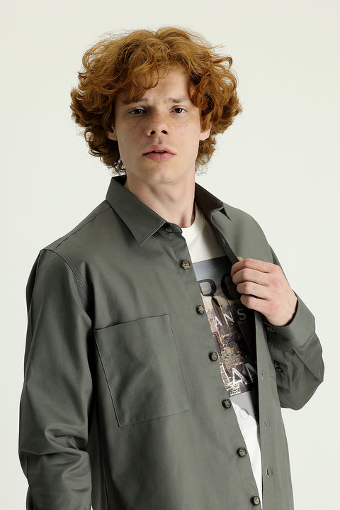 Light Khaki Long Sleeve Oversize Cotton Shirt with Pockets