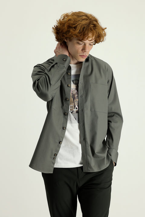 Light Khaki Long Sleeve Oversize Cotton Shirt with Pockets