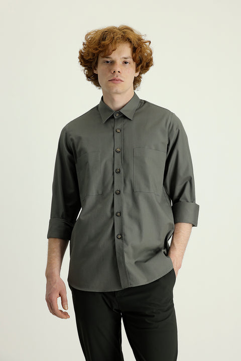 Light Khaki Long Sleeve Oversize Cotton Shirt with Pockets