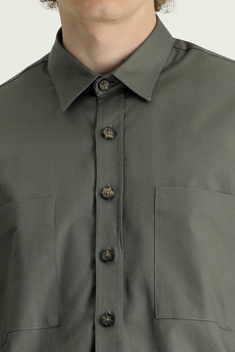 Light Khaki Long Sleeve Oversize Cotton Shirt with Pockets