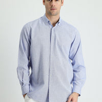 Navy Blue Long Sleeve Regular Fit Linen-Look Patterned Cotton Button-Down Collar Shirt