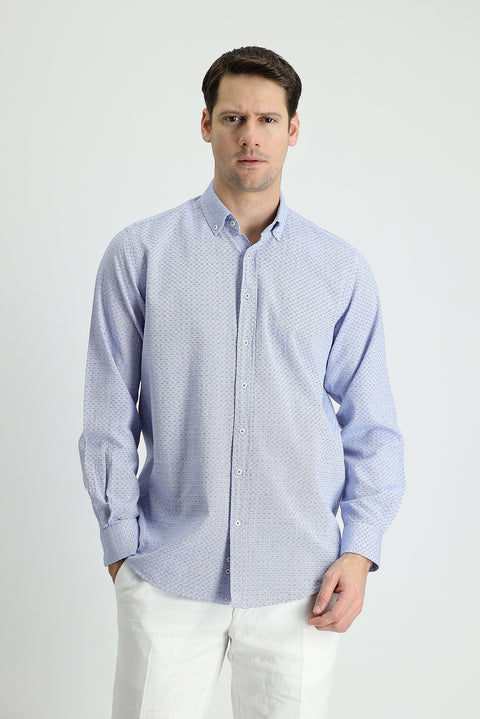 Navy Blue Long Sleeve Regular Fit Linen-Look Patterned Cotton Button-Down Collar Shirt
