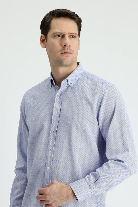 Navy Blue Long Sleeve Regular Fit Linen-Look Patterned Cotton Button-Down Collar Shirt