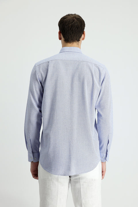 Navy Blue Long Sleeve Regular Fit Linen-Look Patterned Cotton Button-Down Collar Shirt