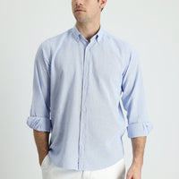 Dark Blue Long Sleeve Regular Fit Linen-Look Patterned Cotton Button-Down Collar Shirt