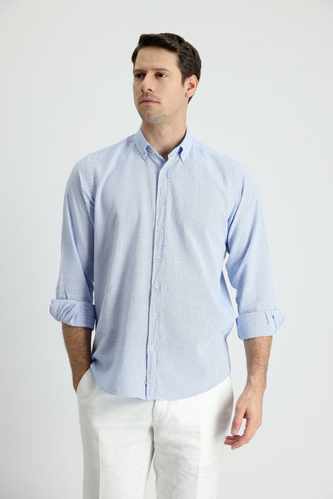 Dark Blue Long Sleeve Regular Fit Linen-Look Patterned Cotton Button-Down Collar Shirt