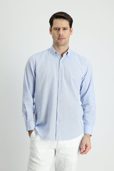 Dark Blue Long Sleeve Regular Fit Linen-Look Patterned Cotton Button-Down Collar Shirt