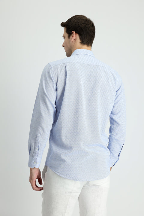 Dark Blue Long Sleeve Regular Fit Linen-Look Patterned Cotton Button-Down Collar Shirt