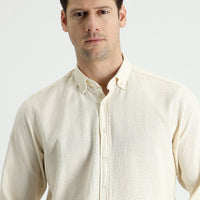 Light Beige Long Sleeve Regular Fit Linen-Look Patterned Cotton Button-Down Collar Shirt
