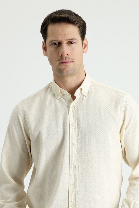 Light Beige Long Sleeve Regular Fit Linen-Look Patterned Cotton Button-Down Collar Shirt
