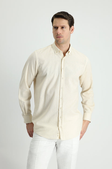 Light Beige Long Sleeve Regular Fit Linen-Look Patterned Cotton Button-Down Collar Shirt