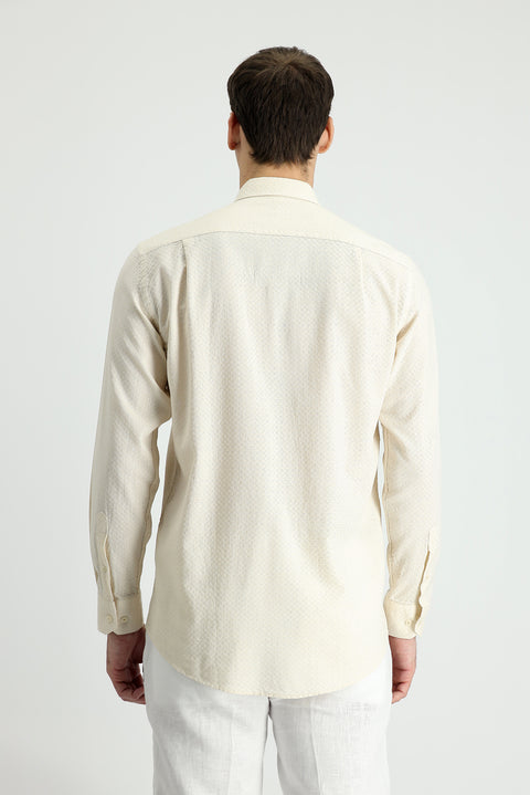 Light Beige Long Sleeve Regular Fit Linen-Look Patterned Cotton Button-Down Collar Shirt