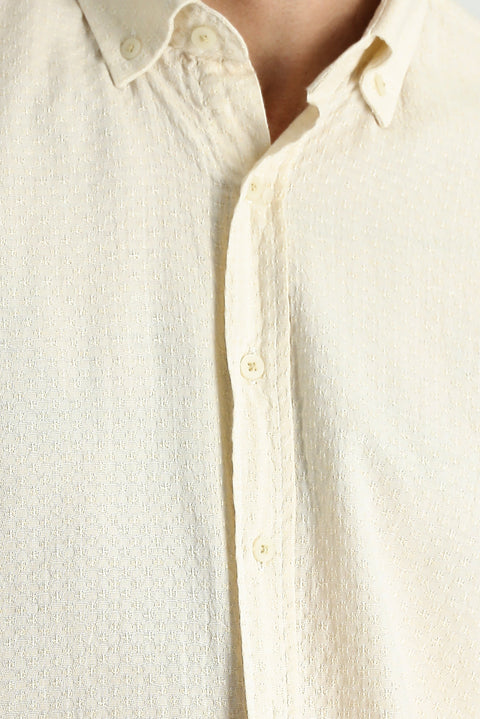 Light Beige Long Sleeve Regular Fit Linen-Look Patterned Cotton Button-Down Collar Shirt