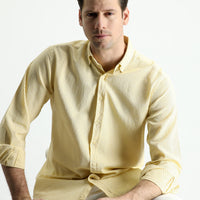 Mustard Yellow Long Sleeve Regular Fit Linen-Look Patterned Cotton Button-Down Collar Shirt