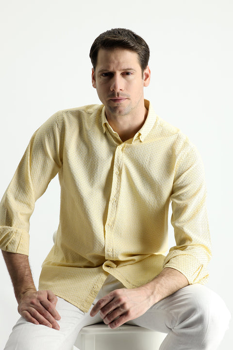 Mustard Yellow Long Sleeve Regular Fit Linen-Look Patterned Cotton Button-Down Collar Shirt
