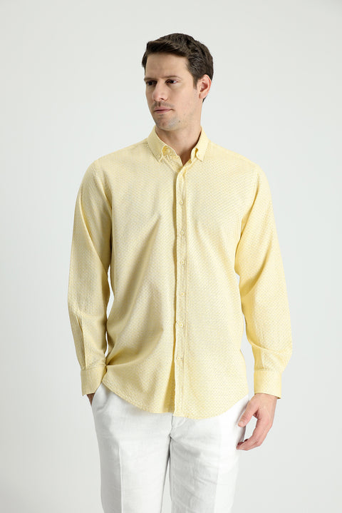 Mustard Yellow Long Sleeve Regular Fit Linen-Look Patterned Cotton Button-Down Collar Shirt
