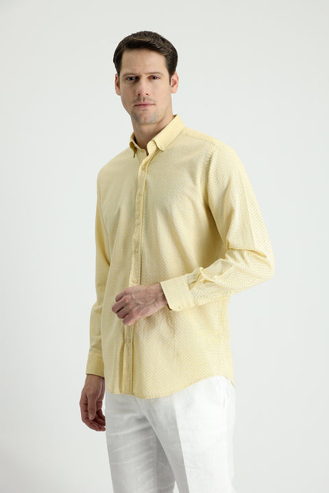 Mustard Yellow Long Sleeve Regular Fit Linen-Look Patterned Cotton Button-Down Collar Shirt