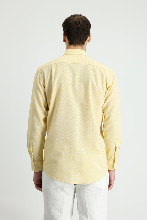 Mustard Yellow Long Sleeve Regular Fit Linen-Look Patterned Cotton Button-Down Collar Shirt
