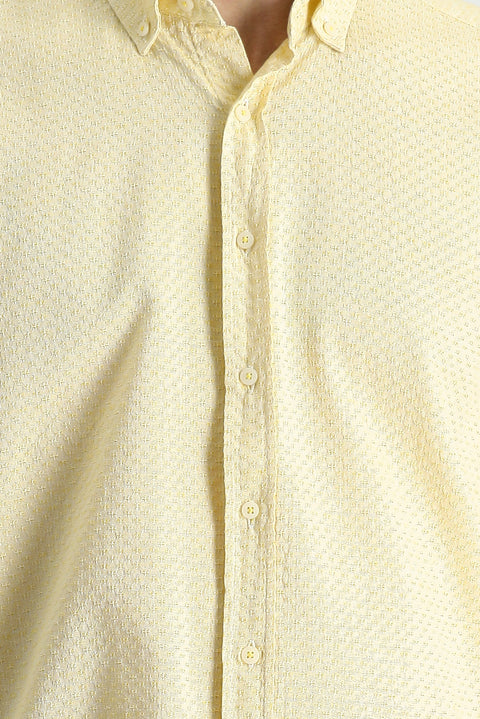 Mustard Yellow Long Sleeve Regular Fit Linen-Look Patterned Cotton Button-Down Collar Shirt