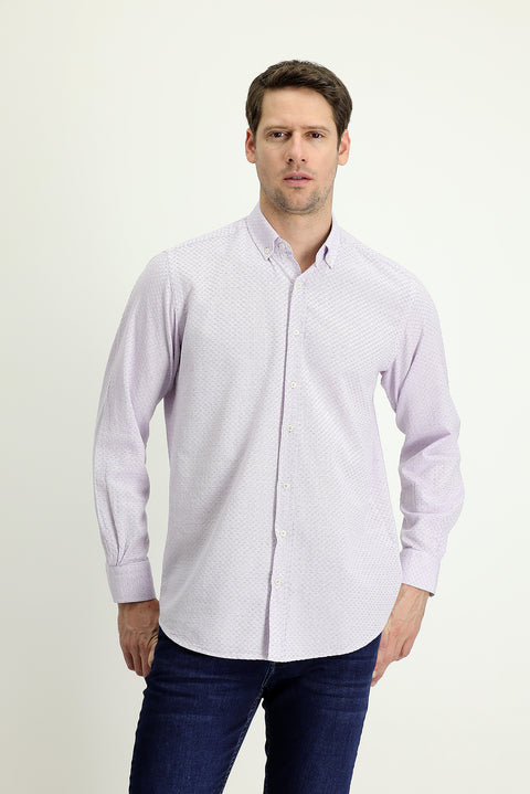 Lilac Long Sleeve Regular Fit Linen-Look Patterned Cotton Button-Down Collar Shirt