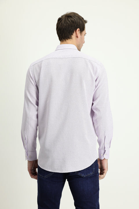 Lilac Long Sleeve Regular Fit Linen-Look Patterned Cotton Button-Down Collar Shirt