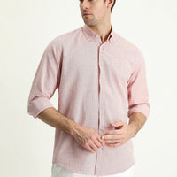 Coral Red Long Sleeve Regular Fit Linen-Look Patterned Cotton Button-Down Collar Shirt