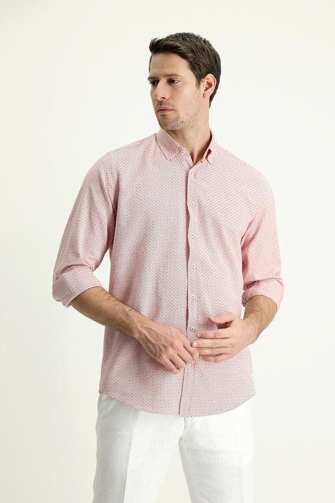 Coral Red Long Sleeve Regular Fit Linen-Look Patterned Cotton Button-Down Collar Shirt