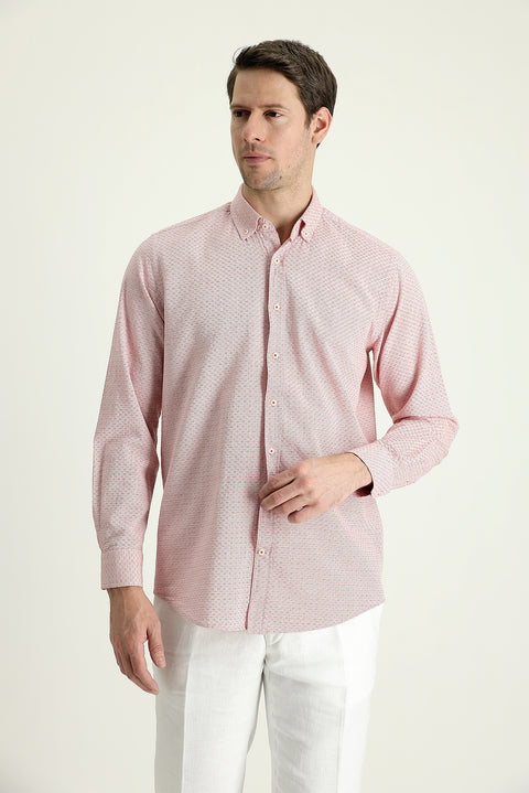 Coral Red Long Sleeve Regular Fit Linen-Look Patterned Cotton Button-Down Collar Shirt