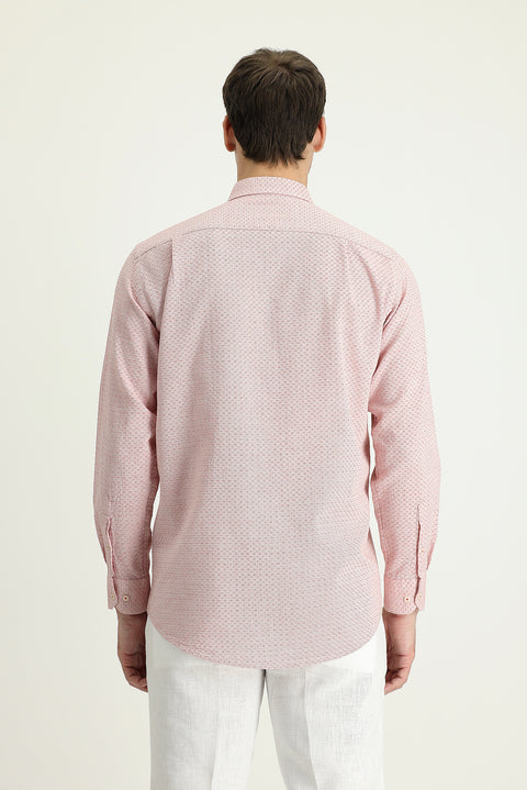 Coral Red Long Sleeve Regular Fit Linen-Look Patterned Cotton Button-Down Collar Shirt
