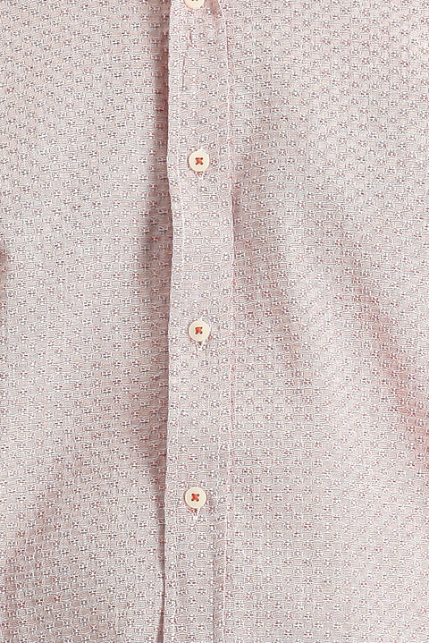 Coral Red Long Sleeve Regular Fit Linen-Look Patterned Cotton Button-Down Collar Shirt