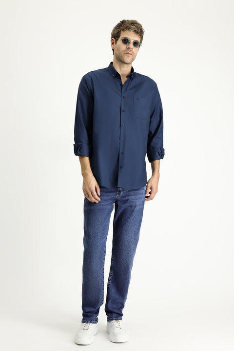 Dark Navy Long Sleeve Regular Fit Cotton Sport Shirt