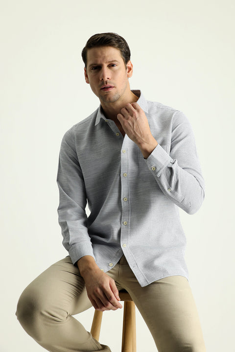 Medium Grey Long Sleeve Regular Fit Patterned Cotton Shirt