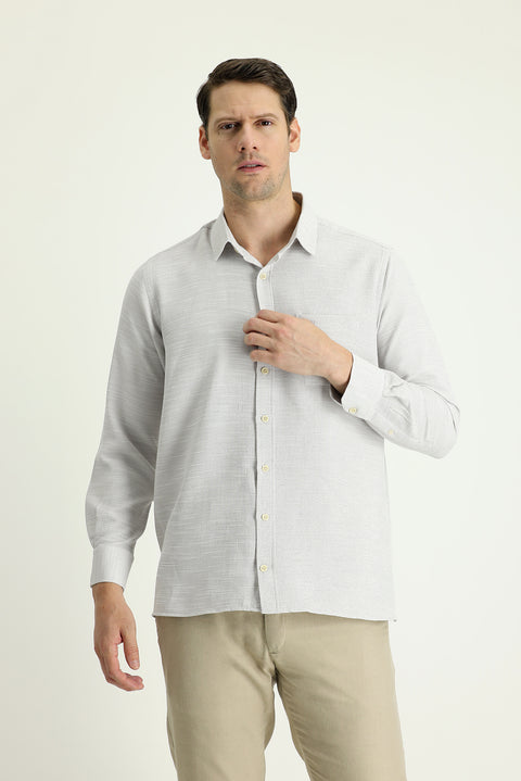 Light Beige Long Sleeve Regular Fit Patterned Cotton Shirt