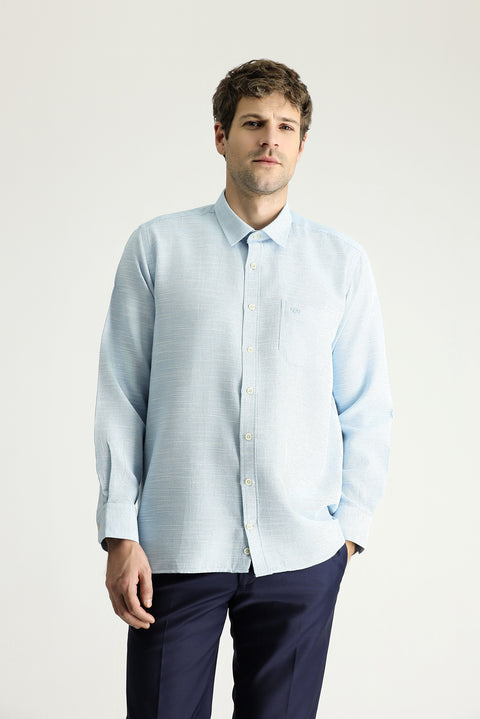 Petrol Green Long Sleeve Regular Fit Patterned Cotton Shirt