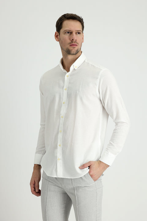 White Long Sleeve Regular Fit Cotton Linen Blend Shirt