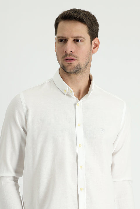 White Long Sleeve Regular Fit Cotton Linen Blend Shirt
