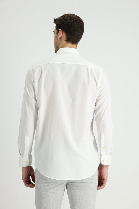 White Long Sleeve Regular Fit Cotton Linen Blend Shirt