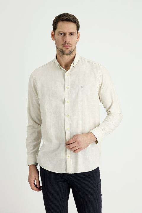 Cream Long Sleeve Regular Fit Cotton Linen Shirt