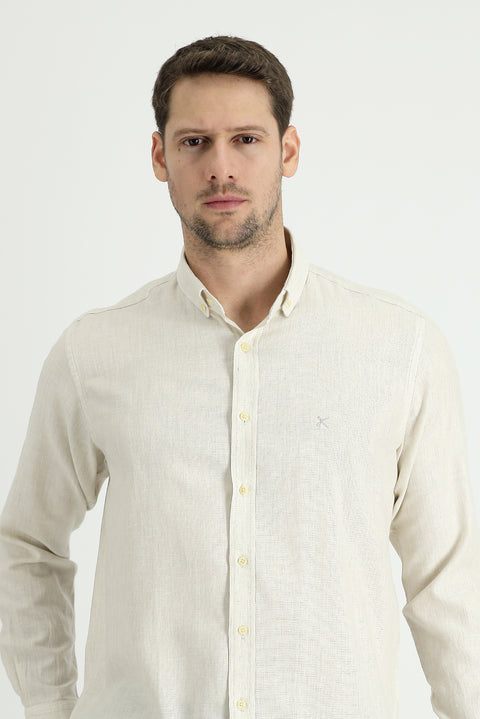 Cream Long Sleeve Regular Fit Cotton Linen Shirt