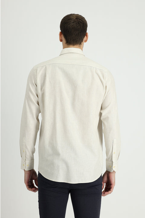 Cream Long Sleeve Regular Fit Cotton Linen Shirt