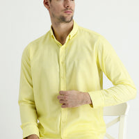 Lemon Yellow Long Sleeve Regular Fit Cotton Linen Blend Shirt