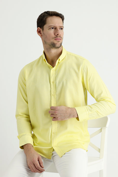 Lemon Yellow Long Sleeve Regular Fit Cotton Linen Blend Shirt