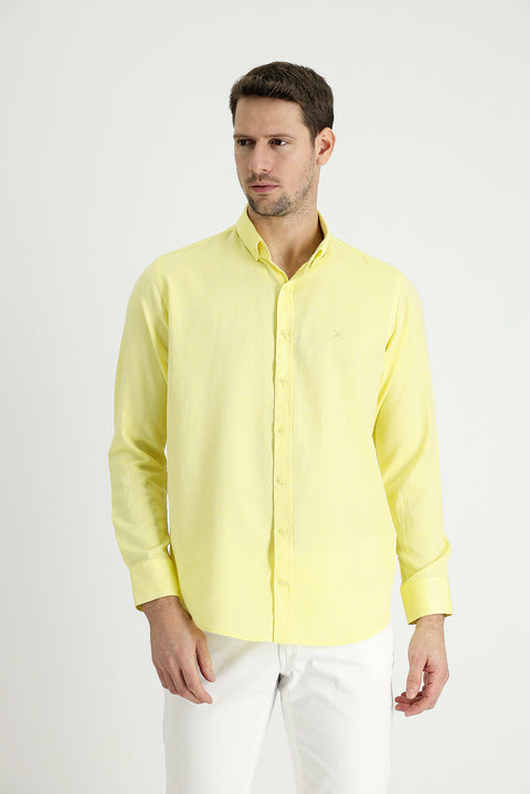 Lemon Yellow Long Sleeve Regular Fit Cotton Linen Blend Shirt
