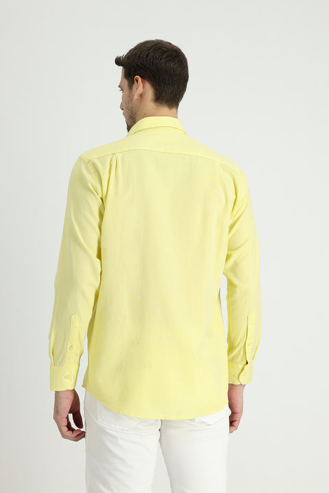 Lemon Yellow Long Sleeve Regular Fit Cotton Linen Blend Shirt