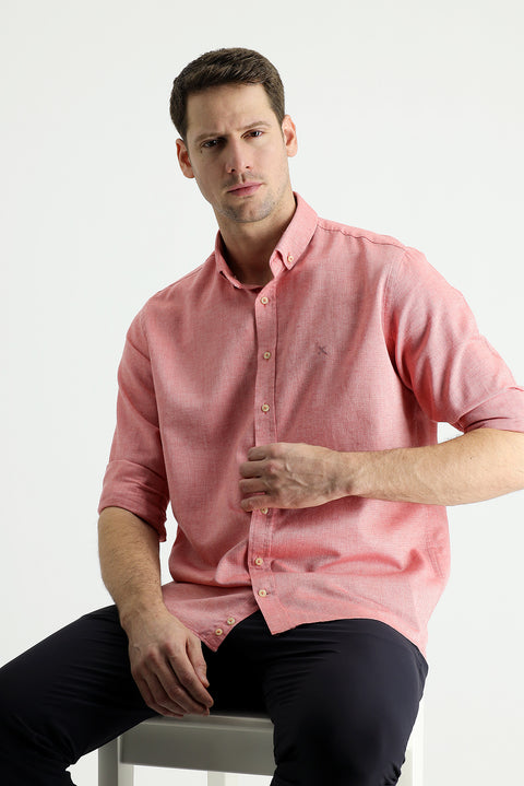 Coral Red Long Sleeve Regular Fit Cotton Linen Shirt