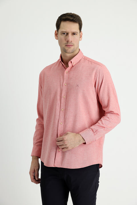Coral Red Long Sleeve Regular Fit Cotton Linen Shirt
